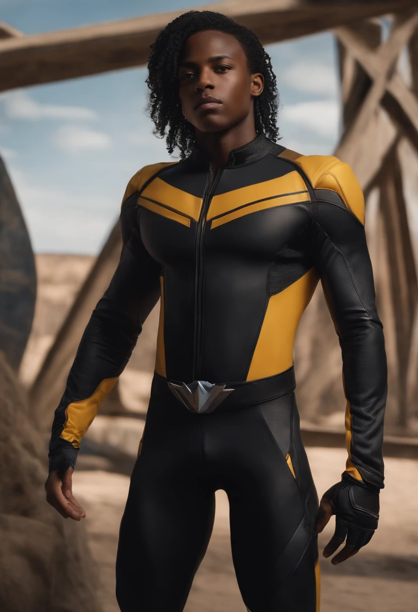 Realistic portrait of a Black boy in a x men suit, super athletic body,best art portrait ever, super detailed, very handsome, random background,in 8k, full body, using powers.