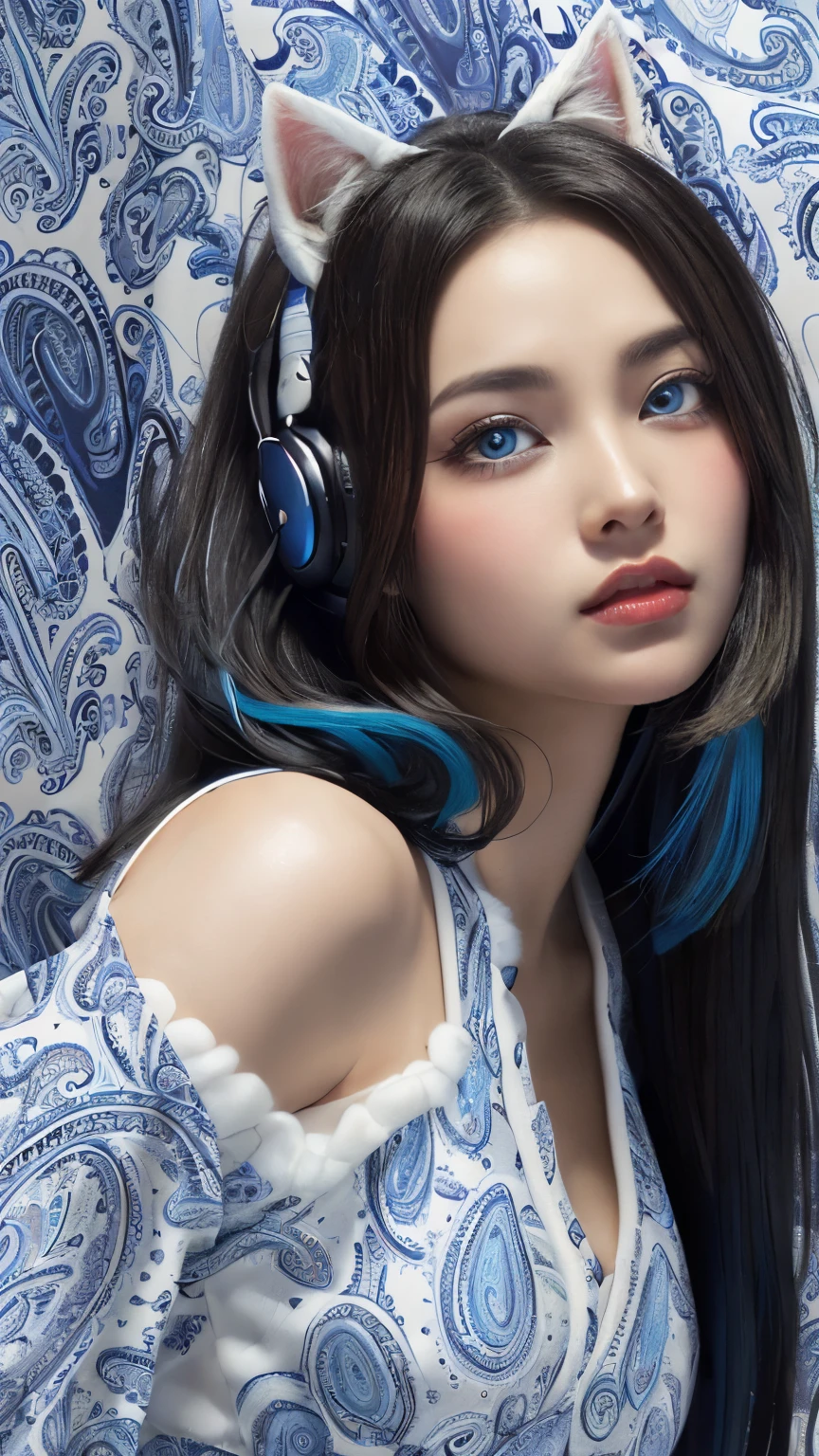 masterpiece, highest quality, 4K, Photorealistic, bokeh, enlightenment,1 perfect portrait of a girl, (A fascinating eye for perfect detail:1.2), colorful hair, (gradient hair), (blue and white soft long hair:1.6), (Cat ear:1.2), fantasy background, (exposed bare shoulders), (long-term alienation sleeve), (lean forward a little), head tilt, movie lighting, oversized clothes, (seductive pose:1.4), (Rmonotone paisley pattern background:1.6), beautiful lite blue eyes, close up,