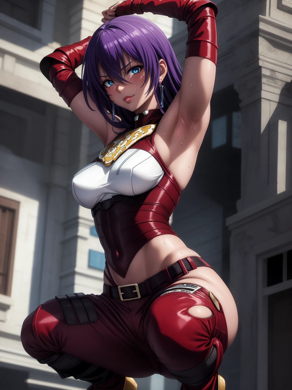 masterpiece, nsfw, perfect lighting, ultra_detailed,  ((1girl)), dark skinned female, smug, squatting, muscular female, smug, ArthurPgon, 1girl, purple hair, long hair, bangs, hair between eyes, blue eyes, jewelry, earrings, lips, medium breasts, (armor), bare shoulders, red gloves, fingerless gloves, hip vent, clothing cutout, (pants), arms raised, armpits, armpit crease, armpit focus, spread armpit, armpit fetish, sweaty armpit, looking at viewer, detailed face, 