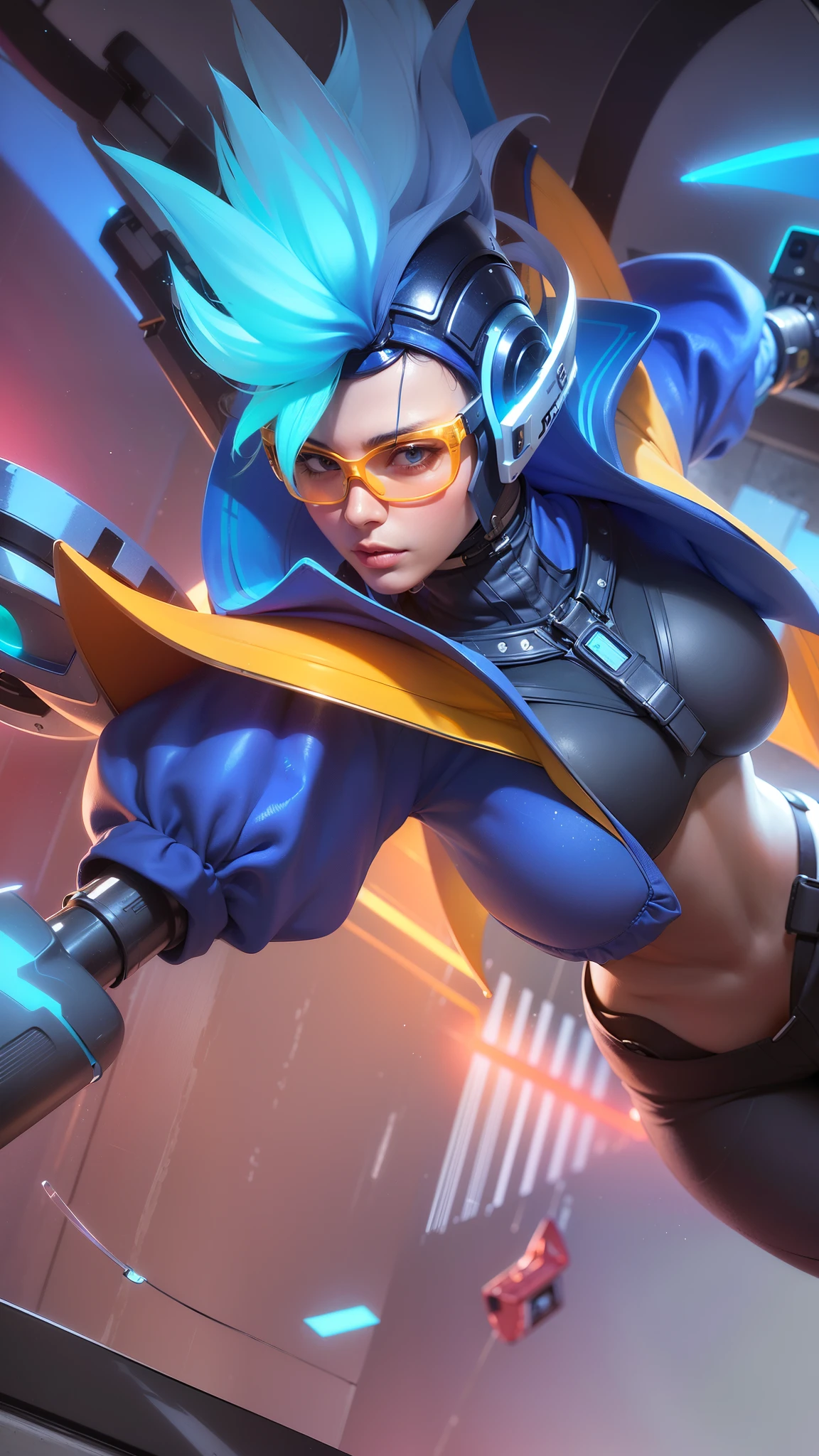 woman blue outfit with a helmet and wearing transparent orange glasses, 8k, ultra hd, ultra detailed texture, hyper realistic, masterpiece, detailed texture, detailed face, detailed skin, detailed lighting, (photorealistic:1.5), best quality, beautiful lighting, cinematic lighting, professional lighting, ultra highres, realistic, detailed hair, real hair, high quality, (realskin:1.5), extremely detailed, finely detail, ultra-detailed, blue hair