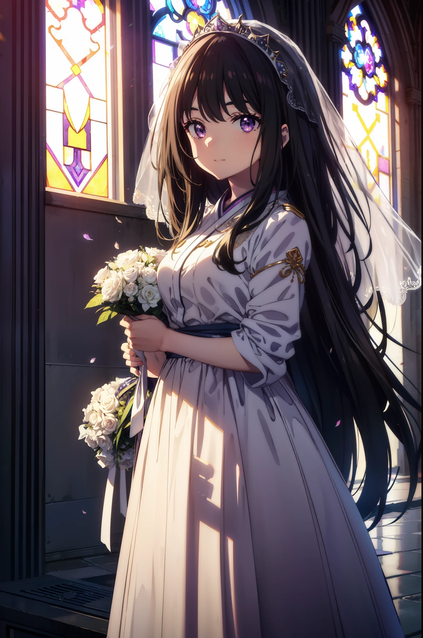 Takiuchi Kame, check it out, long hair, bangs, black hair, (purple eyes:1.2),
blush,smile, Wedding dress,veil wedding skirt,bouquet,bouquetトス,holding a large bouquet of flowers in both hands, 
break indoors, church,チャペル
break looking at viewer, whole body,(cowboy shot:1.5),
break (masterpiece:1.2), highest quality, High resolution, unity 8k wallpaper, (figure:0.8), (detailed and beautiful eyes:1.6), highly detailed face, perfect lighting, Very detailed CG, (perfect hands, perfect anatomy),