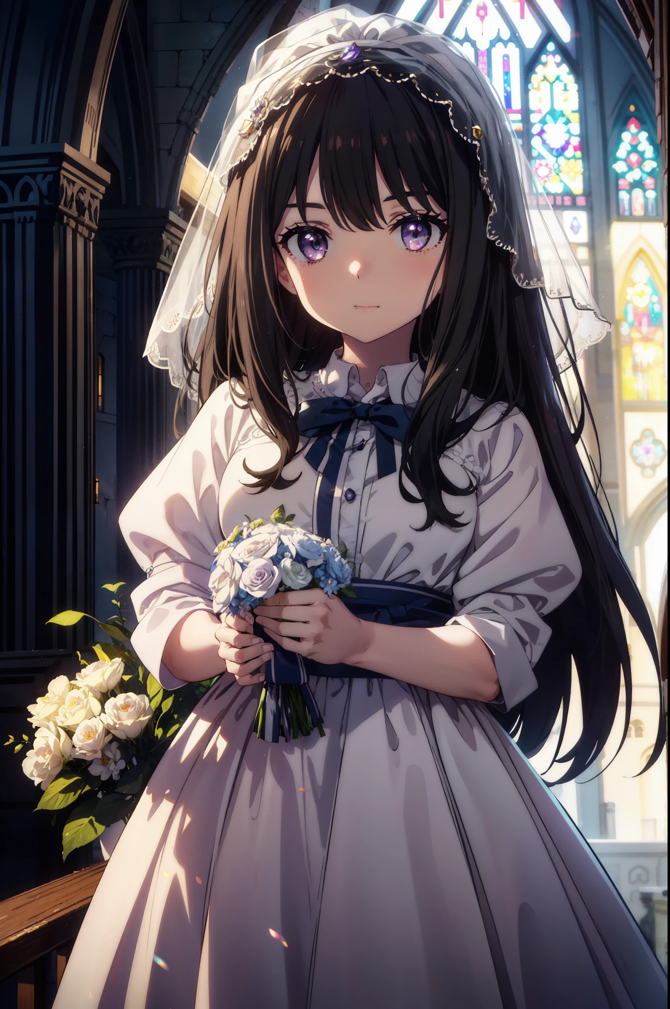 Takiuchi Kame, check it out, long hair, bangs, black hair, (purple eyes:1.2),
blush,smile, Wedding dress,veil wedding skirt,bouquet,bouquetトス,holding a large bouquet of flowers in both hands, 
break indoors, church,チャペル
break looking at viewer, whole body,(cowboy shot:1.5),
break (masterpiece:1.2), highest quality, High resolution, unity 8k wallpaper, (figure:0.8), (detailed and beautiful eyes:1.6), highly detailed face, perfect lighting, Very detailed CG, (perfect hands, perfect anatomy),