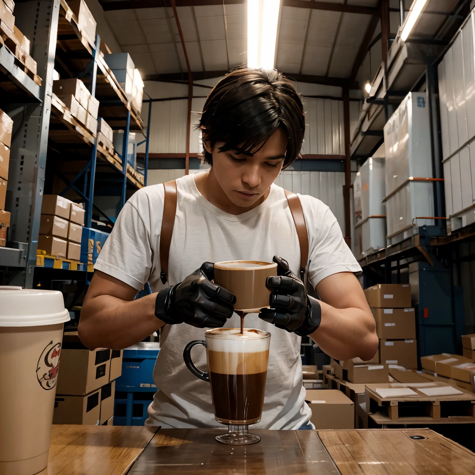 Anime boy creating mecha at warehouse with his cup of coffee