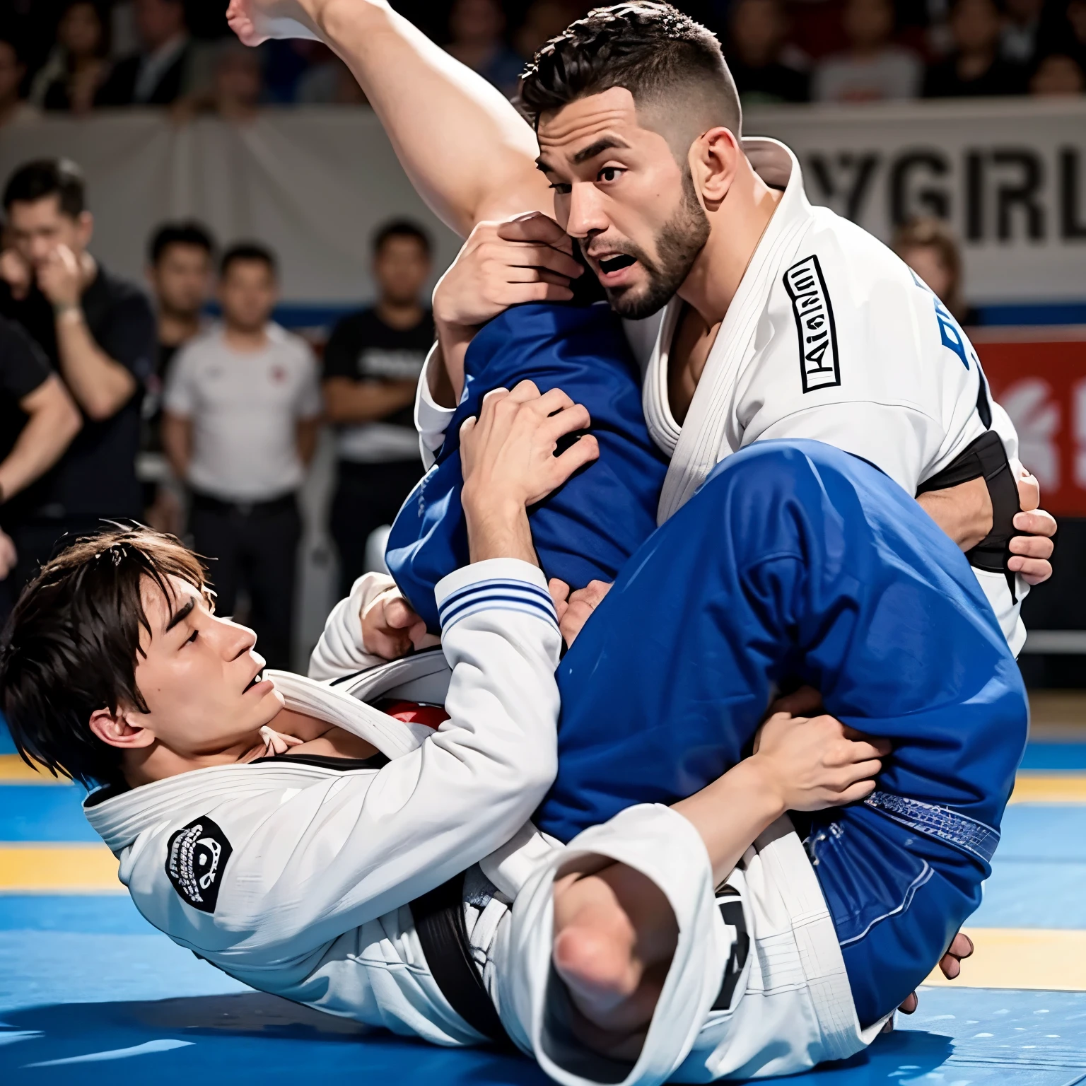 2muscular Japanese man,2people are having a wrestling match,2Everyone else is wearing swimming shorts.,2handsome with everyone,2Shaved head,touching his crotch
