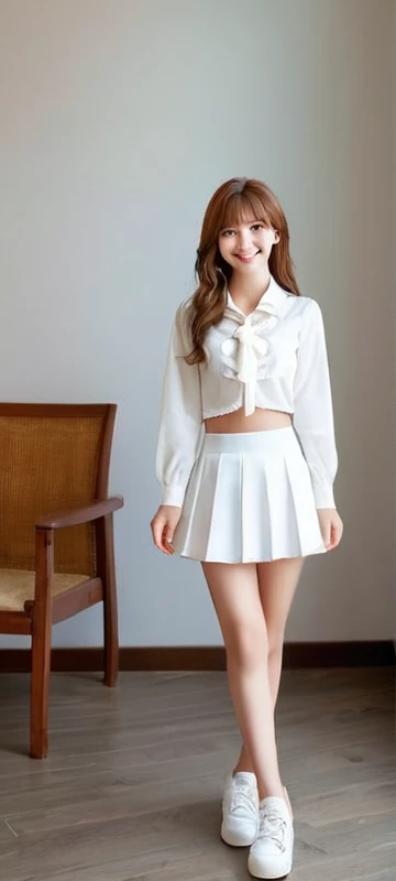 (ulzzang-6500-v1.1:0.8), Best Quality, Ultra High Definition, (Photorealistic:1.4), Cinema Light, Depth of Field,Beautiful Face, (PureErosFace_V1:0.3), Very Delicate and Beautiful, Highly Detailed,Unity,8k Wallpaper, Amazing, Fine Detail, Masterpiece,Best Quality, Best Quality, 1girl, Beautiful Detailed Girl, Highly detailed eyes and face, Beautiful detailed eyes,(Small hips:1.3),(Small breasts:0.3),((Shirt with white collar)),((White skirt))、((Flared skirt))、((Delicate shirt)),((Yuki Kashiwagi:0.8),((Akari Suda:0.5))), Idol, Beauty, 25 years old