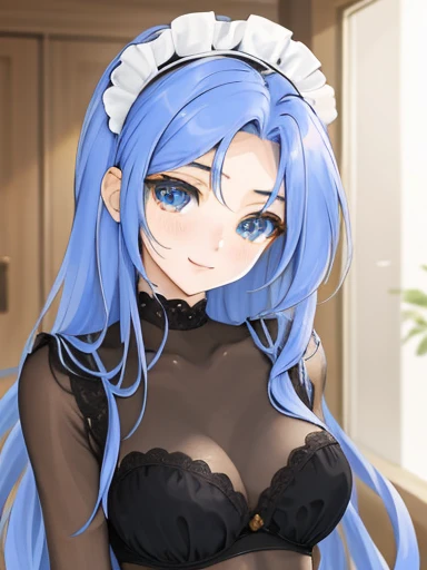 18 year old beautiful girl, big eyes, large breasts,  and slender, 8K, top quality, (very detailed head: 1.0), (very detailed face: 1.0), (very detailed hair: 1.0), maid clothes, very detailed official artwork, anime moe art style, clean detailed anime art, smile, golden hair, smooth long hair