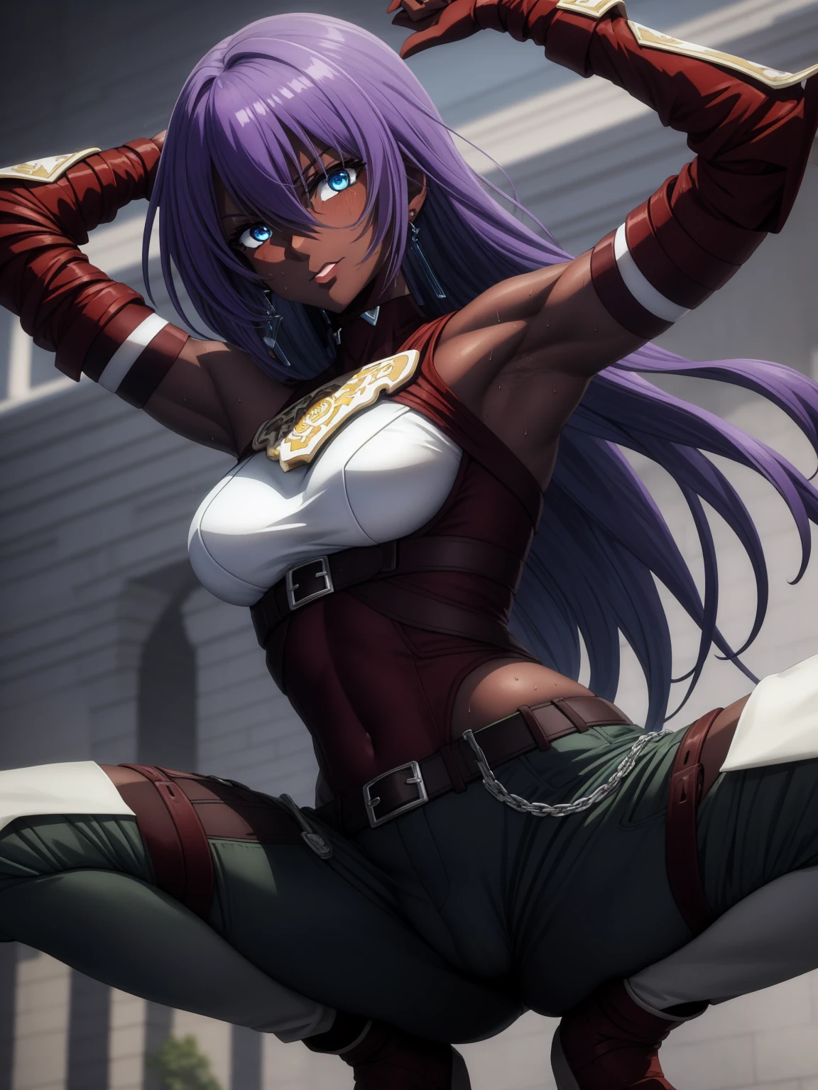 masterpiece, nsfw, perfect lighting, ultra_detailed,  ((1girl)), ((dark skin)), smug, squatting, muscular female, smug, ArthurPgon, 1girl, purple hair, long hair, bangs, hair between eyes, blue eyes, jewelry, earrings, lips, medium breasts, (armor), bare shoulders, red gloves, fingerless gloves, hip vent, clothing cutout, (pants), arms raised, armpits, armpit crease, armpit focus, spread armpit, armpit fetish, sweaty armpit, looking at viewer, detailed face, 