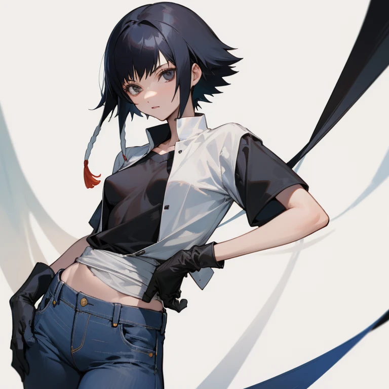 ((highest quality)), ((masterpiece)), (be familiar with),  BLEACH,Soi Fon, 1 girl, alone,  erect nipples, black hair,slanted eyes, Black clothes,black shirt,jeans, Slender,slender,short hair with long locks, short hair, small breasts, gloves, put your hand on your waist