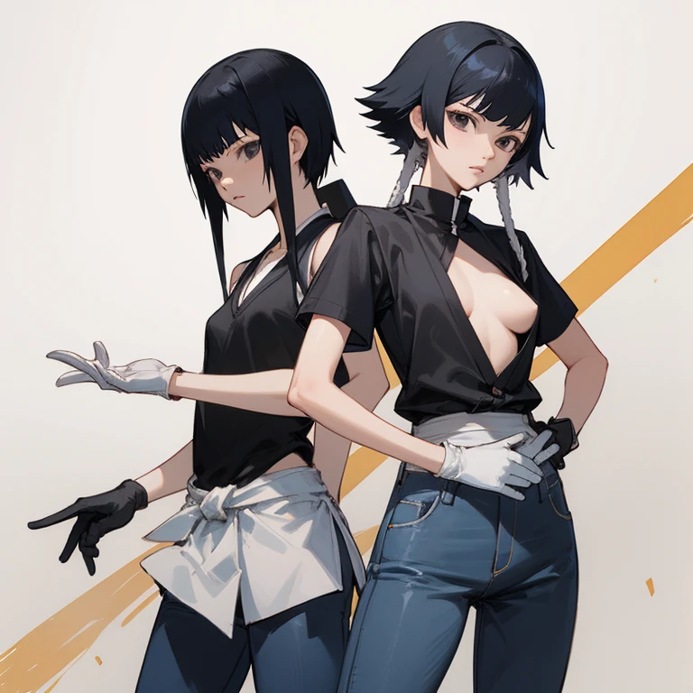 ((highest quality)), ((masterpiece)), (be familiar with), BLEACH,Soi Fon, 1 girl, alone, black hair,slanted eyes, Black clothes,jeans, Slender,slender,short hair with long locks, short hair, small breasts, No bra, gloves, put your hand on your waist