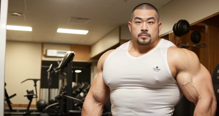 (bodybuilder:1.4), (at gym:1.4), 40's, (Japanese face:1.4), (Korean face:1.4), (Chinese face:1.4), (Taiwanese face:1.4), manly face, fat face, (round face:1.4), (monolid eyes:1.2), (buzz cut:1.5), very large and strong body, bulky body, beefy muscles, (bulging muscles:1.4), (very large pectoral muscles:1.4), (muscular arms:1.4), muscular abs, muscular legs, muscular back, bright oily skin, (realistic:1.2), distant view