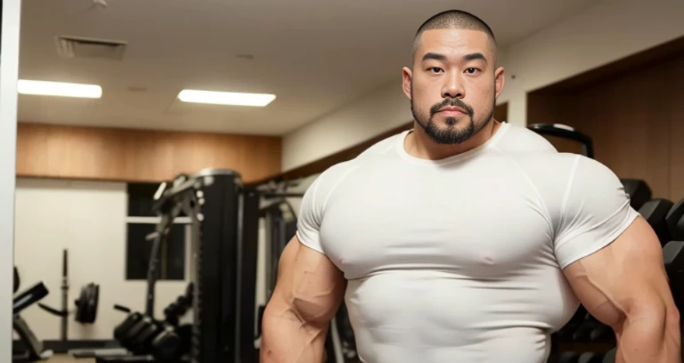 (bodybuilder:1.4), (at gym:1.4), 40's, (Japanese face:1.4), (Korean face:1.4), (Chinese face:1.4), (Taiwanese face:1.4), manly face, fat face, (round face:1.4), (monolid eyes:1.2), (buzz cut:1.5), very large and strong body, bulky body, beefy muscles, (bulging muscles:1.4), (very large pectoral muscles:1.4), (muscular arms:1.4), muscular abs, muscular legs, muscular back, bright oily skin, (realistic:1.2), distant view