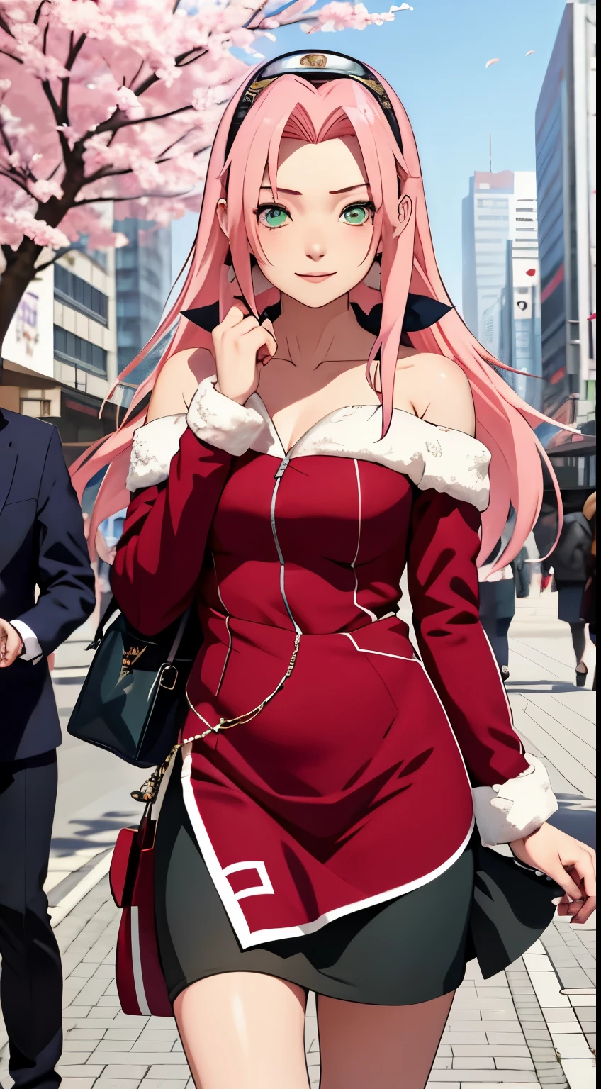 tmasterpiece, Best quality at best, 1girll, Sakura Haruno, Large breasts,Off-the-shoulder attire,(close-up all over the body),Raised sexy,is shy,ssmile,with pink hair, long whitr hair, (Green eyeballs:1.4), Forehead protection, the cherry trees,Cherry blossoms flying,(Solo:1.1)Fur coat,short skirt,shadow play,Cityscape, skyscraper,East_Asian_architecture, street, medium chest,