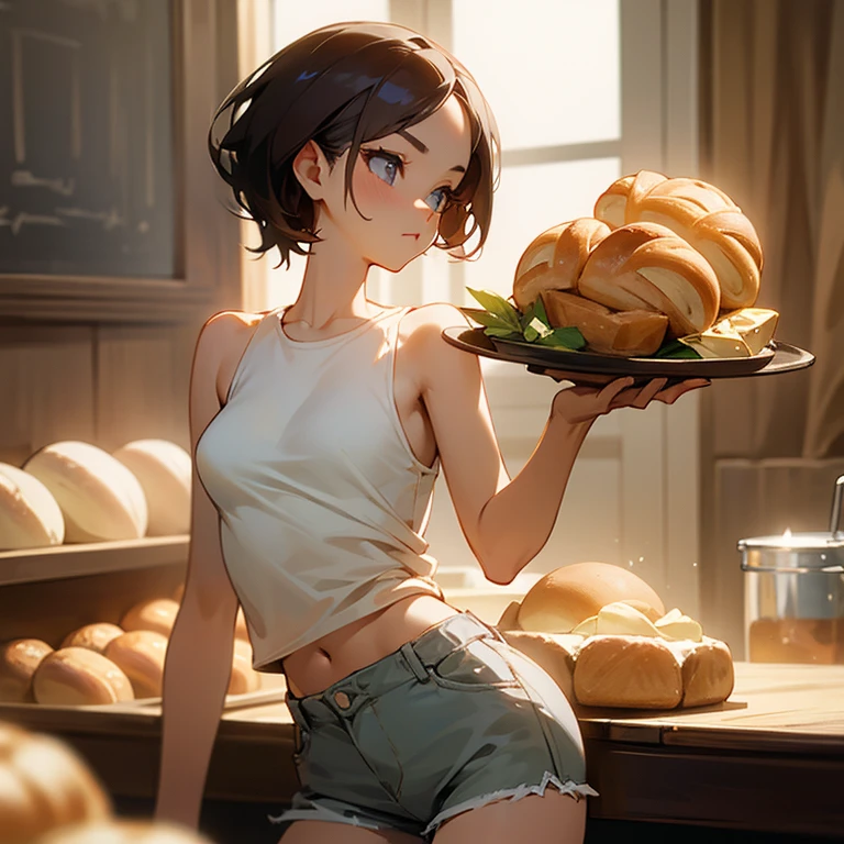 beautiful girl, perfect face, big breasts, slender, tanktop, short pants, put bread on the table