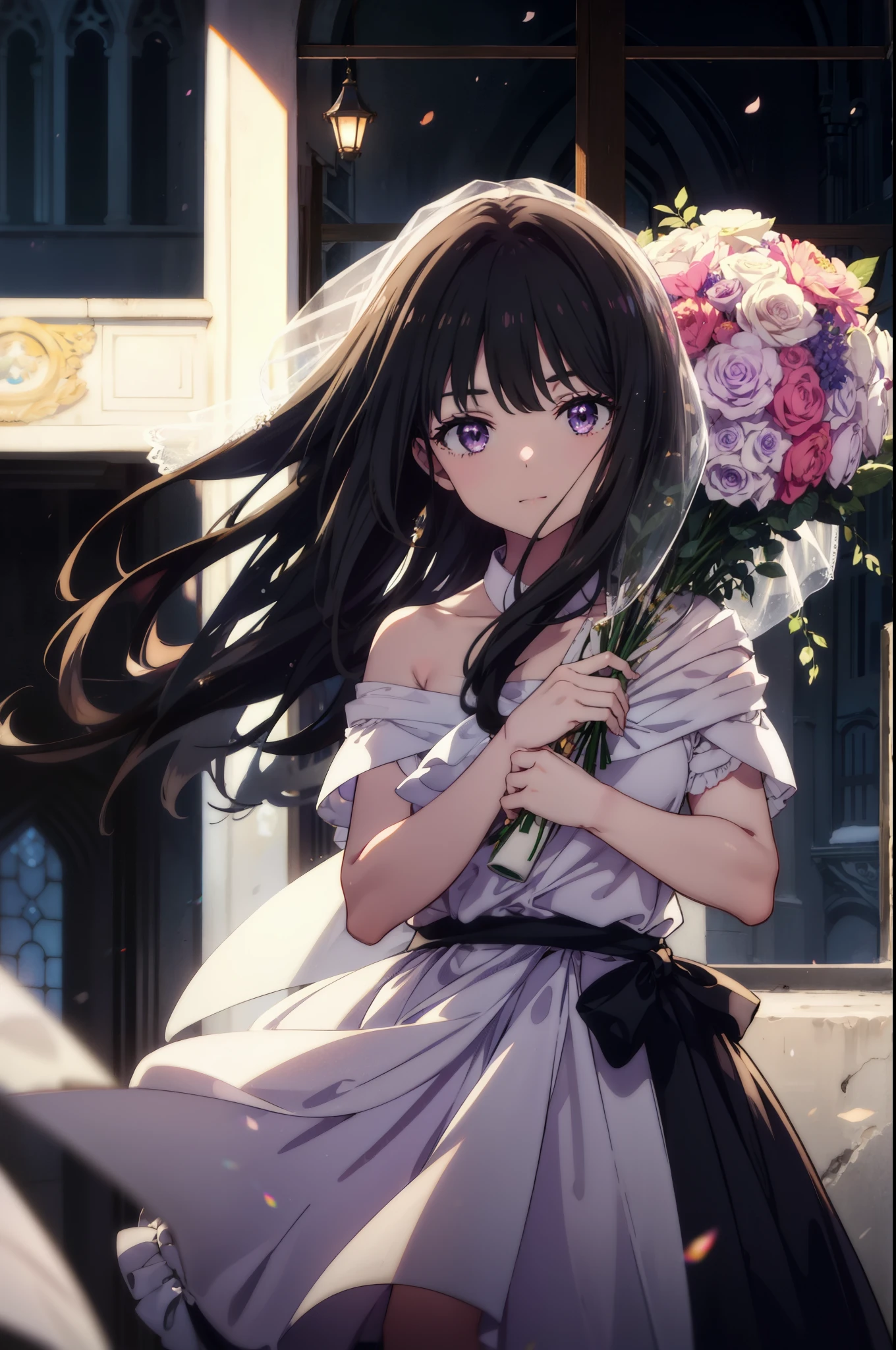 Takiuchi Kame, check it out, long hair, bangs, black hair, (purple eyes:1.2),
blush,smile, Wedding dress,veil wedding skirt,bouquet,bouquetトス,holding a large bouquet of flowers in both hands, 
break indoors, church,チャペル
break looking at viewer, whole body,(cowboy shot:1.5),
break (masterpiece:1.2), highest quality, High resolution, unity 8k wallpaper, (figure:0.8), (detailed and beautiful eyes:1.6), highly detailed face, perfect lighting, Very detailed CG, (perfect hands, perfect anatomy),