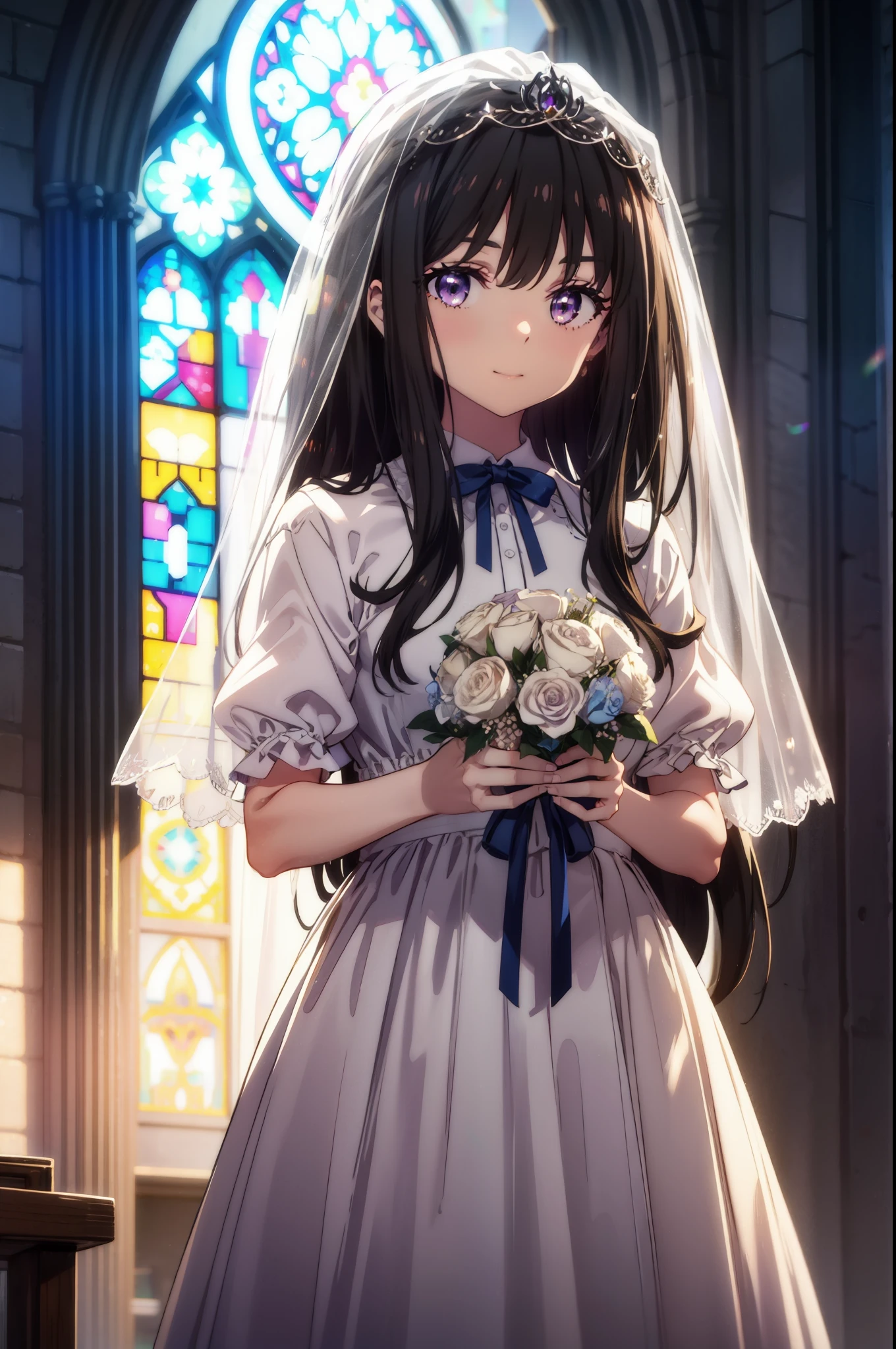 Takiuchi Kame, check it out, long hair, bangs, black hair, (purple eyes:1.2),
blush,smile, Wedding dress,veil wedding skirt,bouquet,bouquetトス,holding a large bouquet of flowers in both hands, 
break indoors, church,チャペル
break looking at viewer, whole body,(cowboy shot:1.5),
break (masterpiece:1.2), highest quality, High resolution, unity 8k wallpaper, (figure:0.8), (detailed and beautiful eyes:1.6), highly detailed face, perfect lighting, Very detailed CG, (perfect hands, perfect anatomy),