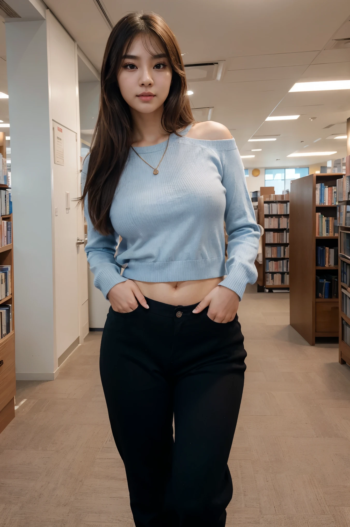 Beautiful asian woman, gorgeous face, clean skin, brown eyes, beautiful eyes, brown hair, fringe hair, thin brows, long hair, full lips, pink lips, upturned nose, thin nose, cute cheekbones, eyeliner, natural makeup, korean makeup, fit figure, small girl, curvy body, flirty look, cute smile, sexy cleavage, wearing white shirt, light blue jumper over the shoulder, long black trousers, loose pants, library background, korea library, distracted, candid, front view, full body pic, best lighting, natural light, best quality, best colors, ultra realism, highly detailed, 4k
