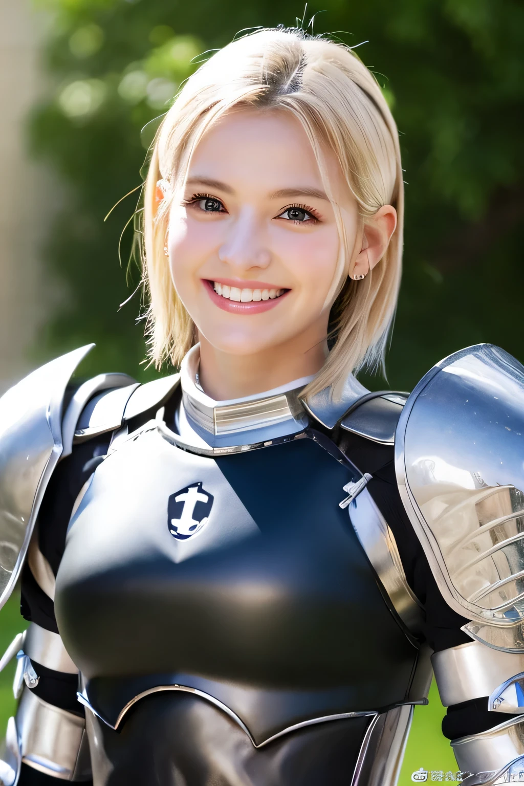 8K、highest quality、female knight、The background is a castle、Luxurious Silver Armor、heavy equipment、hairstyle shortcut、smile、beautiful teeth、full body photo、ear piercing、white woman、blonde、blue eyes、Gummy Smile