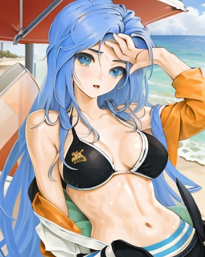 1girl,solo,beautiful detailed eyes,beautiful detailed lips,extremely detailed eyes and face,long eyelashes,blue bikini,blue eyes,blue hair,at the beach,8k,high resolution,masterpiece:1.2,ultra-detailed,realistic:1.37,HDR,UHD,studio lighting,ultra-fine painting,sharp focus,physically-based rendering,extreme detail description,professional,vivid colors,bokeh,portraits,at the beach,horizon,blue sky,white sand,glistening water,crashing waves,seashells,beach towel,umbrella,beach chair,sunscreen,beach ball