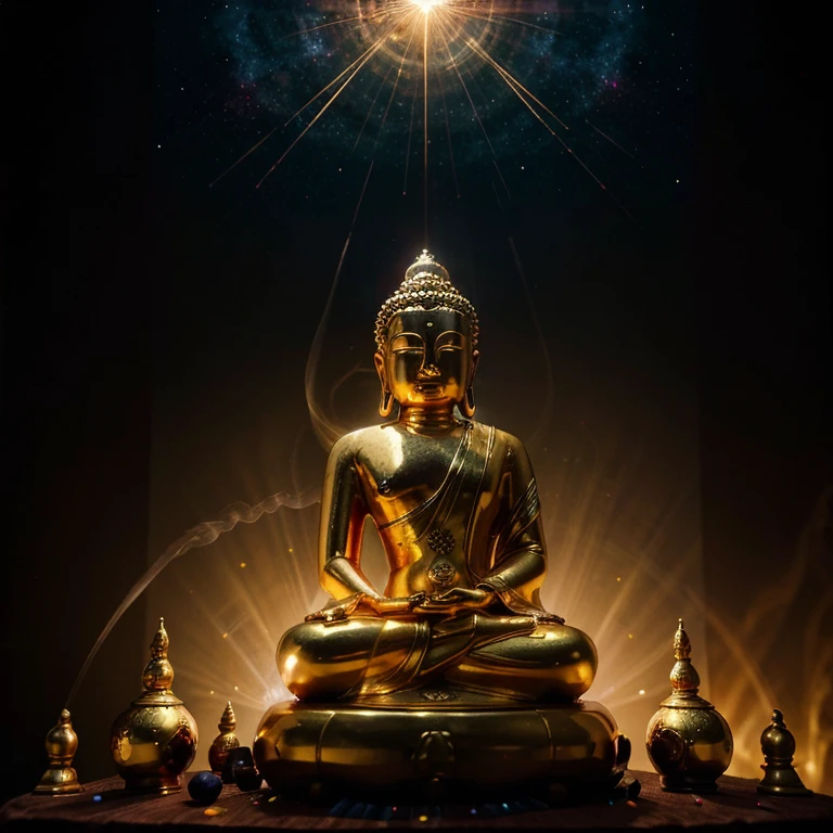 Golden Maitreya Buddha statue, Frontal portrait, There are countless incense burners in front, Against the backdrop of the galactic universe, Photo taken with Sony a7R camera, Shot with a Sigma 20mm F1.4, Beautiful image, surrealism, Cinematic lighting, god light, back lit lighting,, Super detail,