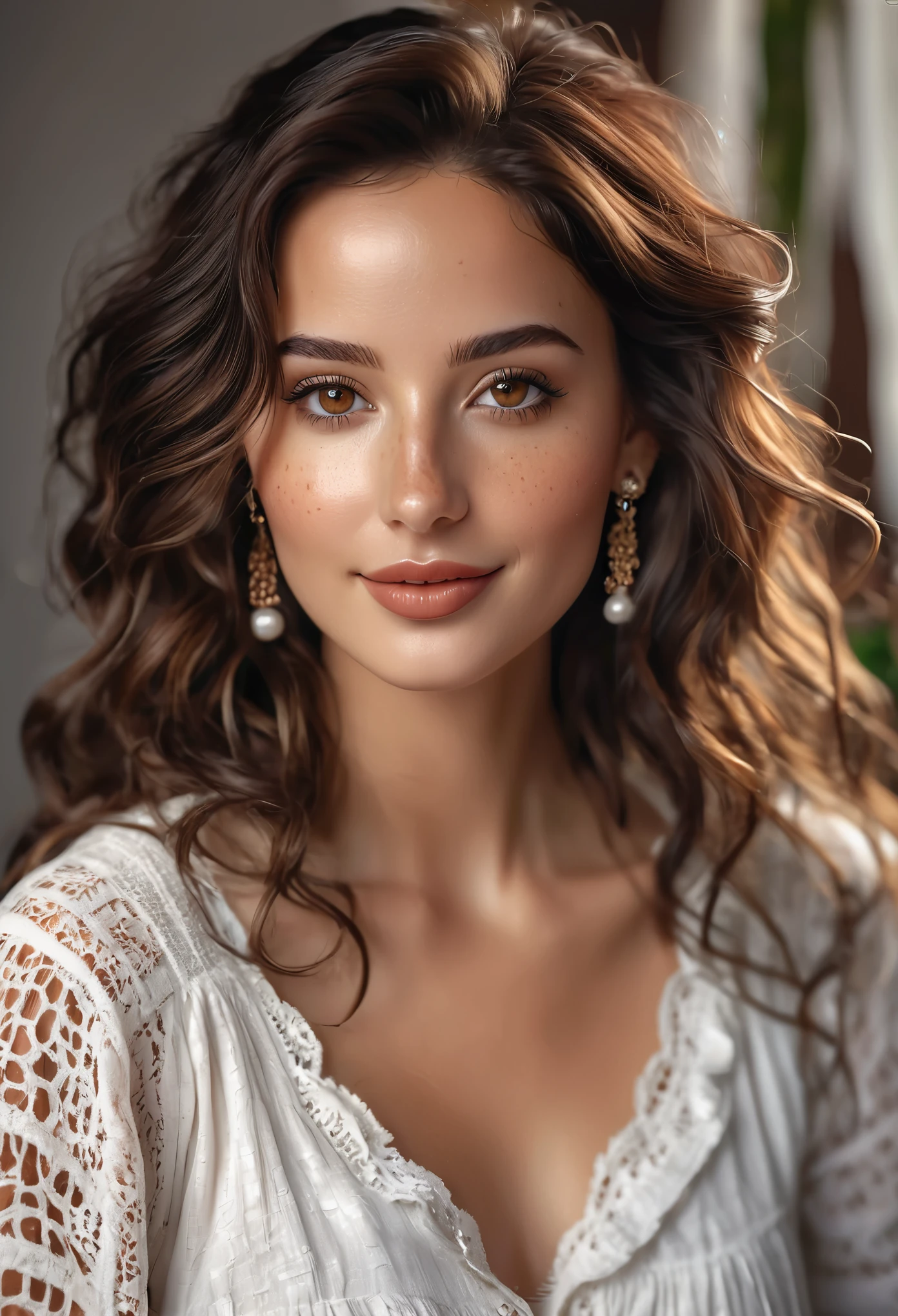 A very Beautiful gorgeous and elegant woman with Big beautifu bright alluring brown hazel eyes, with few freckles, with a long elegant and beautiful wavy hair, oval face shape, thin glossy lips, wearing a long earings, dimples, sweet smiling, white smooth skin, photo realistic, full body shot, small mouth, tips, bohemian outfit, dark brunette hair color.
