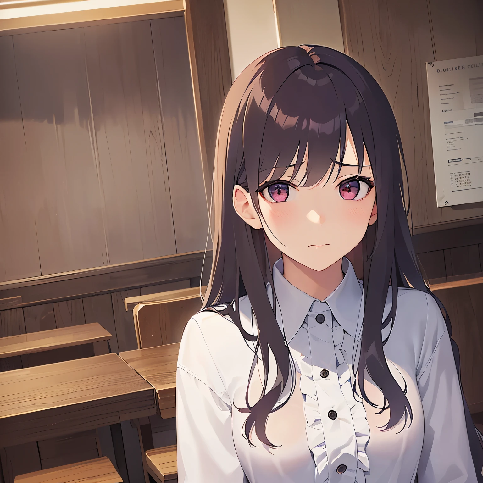 Upper Body, Realistic, real person, RAW photo, photorealistic, portrait photography, shiny skin, japanese idol、(A 25-year-old woman with light chestnut-colored bangs) and (medium hair) and (pink eyes), (white ruffle plane blouse:1.2) and (long sleeve)、annoyed, The background is the interior of the restaurant.、Are standing、Alone、