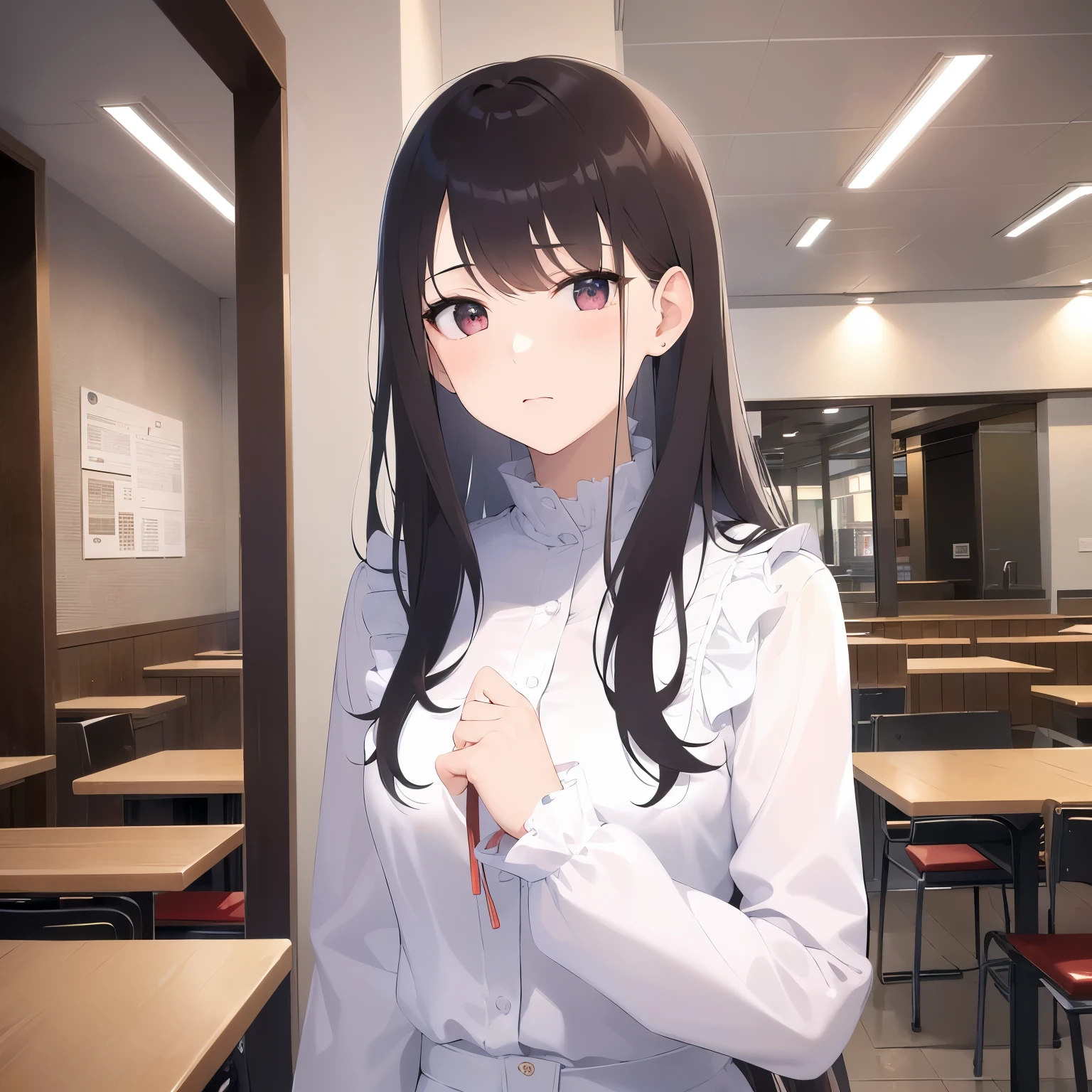 Upper Body, Realistic, real person, RAW photo, photorealistic, portrait photography, shiny skin, japanese idol、（A 25-year-old woman with light chestnut-colored bangs） and (medium hair) and (pink eyes), (white ruffle plane blouse:1.2) and (long sleeve)、annoyed, The background is the interior of the restaurant.、Are standing、Alone、