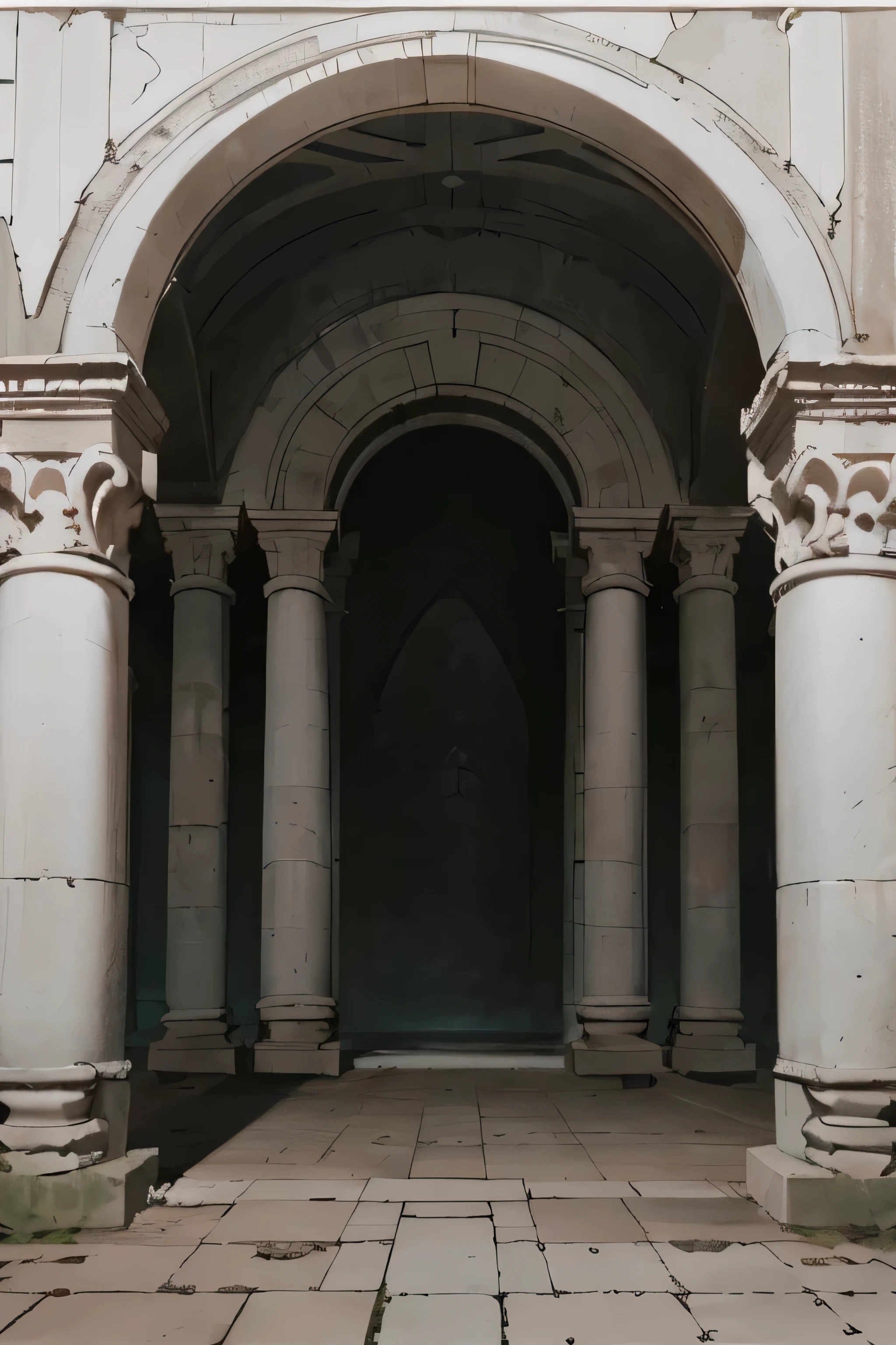 Close up of a large arch with columns and a clock, archs and columns, pillars and arches, arches adorned pillars, marble columns in background, classicism style, Classical stone pillars, White stone arches, Marble grey columns, giant majestic archways, neoclassicism style, detailed Classical architecture, There is an arch, neoclassical style, Classical architecture,It was dark outside,There is a starry sky outside,There is water on the ground,There are glazed windows on the top,Moonlight shines through the top window,dramatic lighting,There is deep water on the ground,There are ripples on the surface of the water