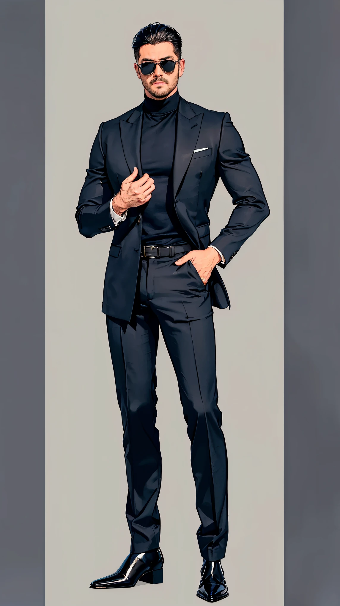 ((best quality,4k,highres,masterpiece:1.2)),((character concept art)), 1 male, age 35. Known for his deadly charm and mysterious aura, John embodies the role of a professional hitman. His body language is as commanding as his profession, always exuding confidence and mystery. (((wearing a Loro Piana Black/gray Melange Classic Turtleneck in Baby Cashmere, a Loro Piana Black/gray Melange Sweater Coat in Double Cashmere, Brunello Cucinelli black Virgin wool fresco ergonomic fit trousers with pleats, (Berluti Caractère Éclair Alligator Leather Boot in COLOR: NERO BLU), pair of Tom Ford Raoul sunglasses.))) ((intricate detail)), super finely detailed hands, ultra finely detailed fingers(((ten fingers))), (standing confidently), (full body showcase), (show full body), (no logos on background), (no logo), ((plain background)), ((plain background)), (((empty background))).