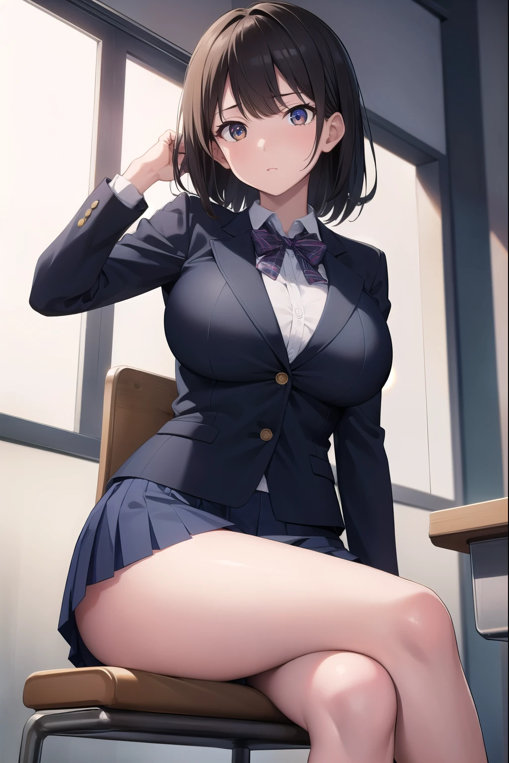 black hair, (brown eyes:1.5),  (shot hair:1.6), (turning around:1.6), (crossed leg:1.4), (sit:1.6)
BREAK blazer, blue skirt, jacket, otonokizaka , pleated skirt, , winter uniform, (short skirt:1.6), (micro skirt:1.6), (big breasts:1.6), (slender:1.4), (thong:1.6), 
BREAK looking at viewer,
BREAK indoors, classroom, 
BREAK (masterpiece:1.2), best quality, high resolution, unity 8k wallpaper, (illustration:0.8), (beautiful detailed eyes:1.6), extremely detailed face, perfect lighting, extremely detailed CG, (perfect hands, perfect anatomy),