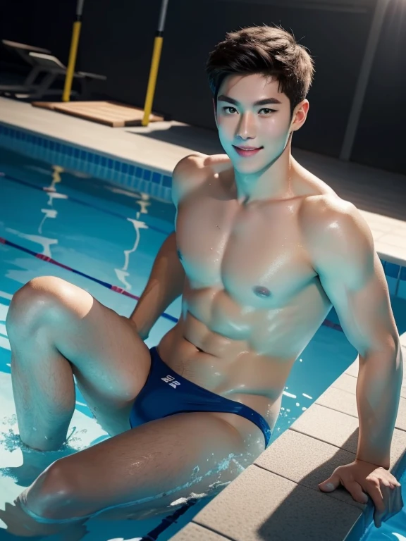 water polo swimwear , gym , Even the legs are reflected , adorable smile , whole body , realistic handsome Korean face , modest muscles , beardless face、masterpiece、A high resolution、hyperrealism、detailed face、solo、a men、glowing skin、(Asian)、(young、teenager)、Handsome、detailed background、Handsome