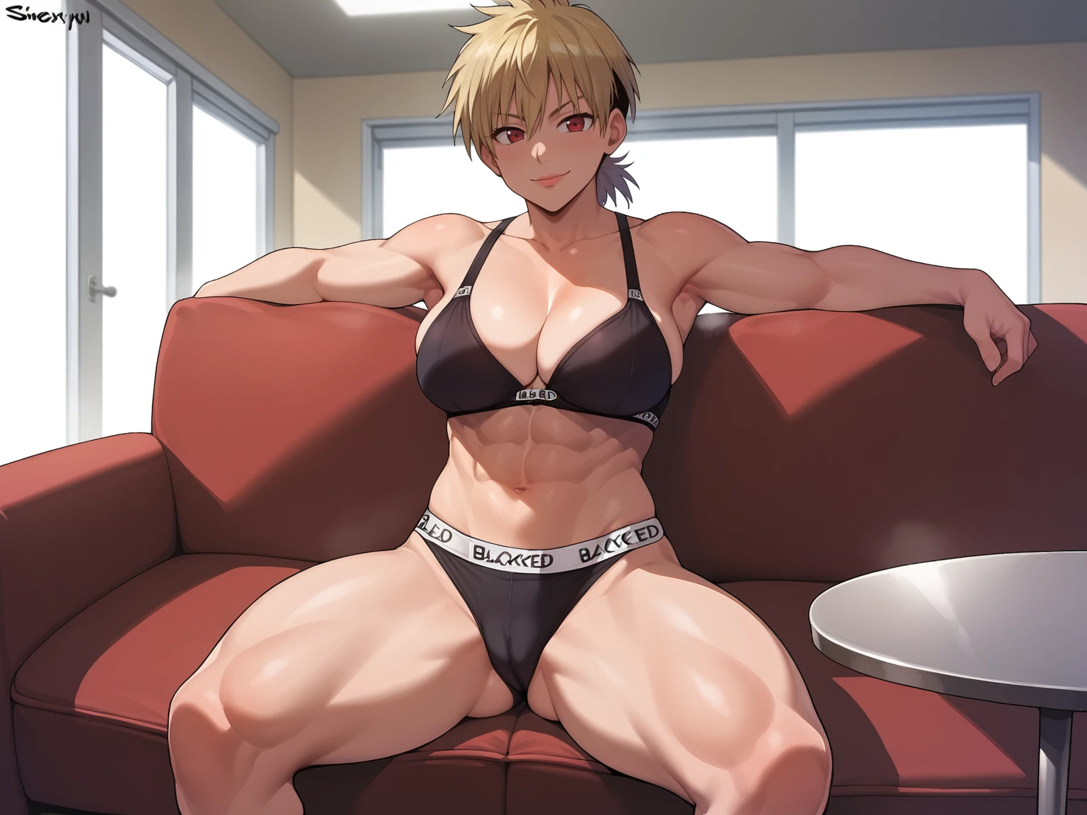 score_9, score_8_up, score_7_up, score_6_up, source_anime, BREAK by ikuchan kaoru, iku, clean color, flat color, sitting, indoors, presenting breasts, couch, muscular, extremely muscular, 1girl, bodybuilder, muscle girl,hellsing, seras, smug grin, holding laugh, knotted bra, bra, front view, ((closed mouth)), cameltoe, BLACKED, BLACKED.COM, BLACKED UNDERWEAR, BBC, BLACKED PORNO, QUEEN OF SPADES, blonde hair, BREAK, 2boys, dark skinned male, sitting side by side, muscular, black hair