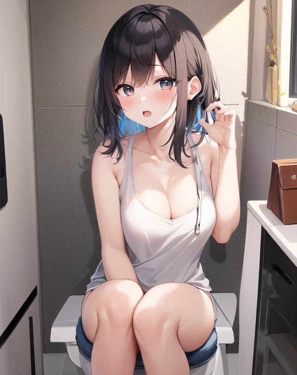 (masterpiece, highest quality, High resolution), 1 girl, Tank top、it on the toilet)、lower your panties to your knees、embarrassing、blush