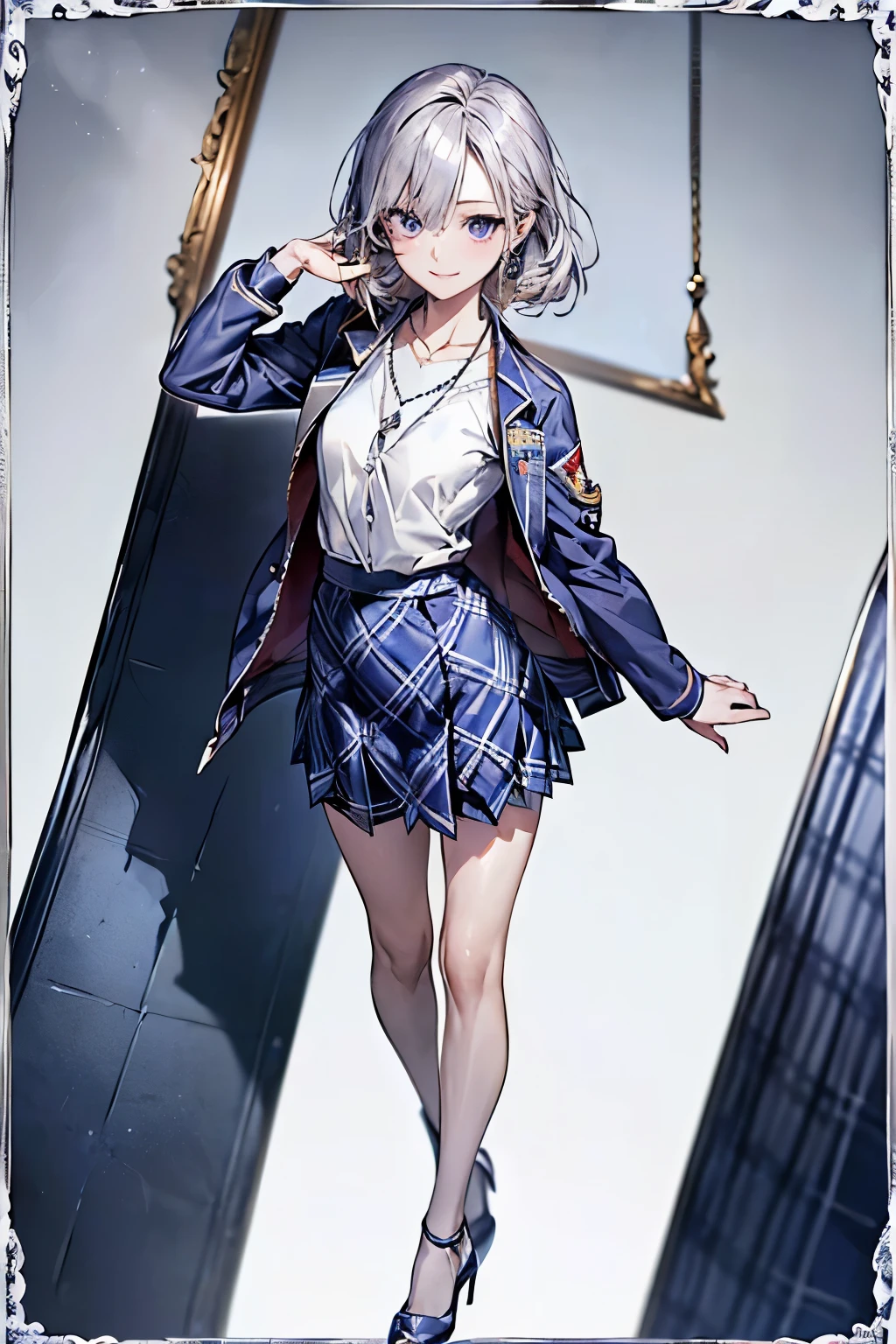 ((Biologically correct number of limbs))、(( Full body photo including face))、4K、((standing position))、masterpiece、((focus on the face))、((Symmetrical facial features))、Eyes with detailed description、Beautiful woman、outstanding style、beautiful clavicle、beautiful legs、beautiful hands、(small ass、thin thighs）、(stockings、high heels）、Detailed depiction of faces、small earrings、necklace、(Navy blue military jacket、shirt、(plaid skirt))、close up of face、Morning Port、(((white frame photo)))、smile、silver hair、purple eyes