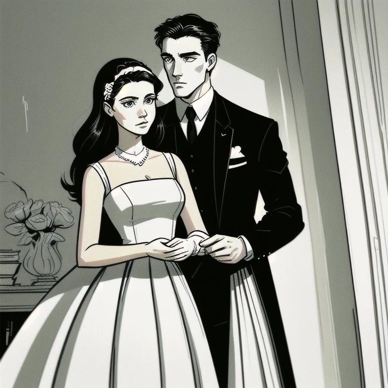 (masterpiece, high quality), monochrome illustration (lineart), couple (a man in black clothing + a woman in white clothing), neutral setting, minimalist, book cover, handsome character and young European. ONLY A SINGLE COUPLE