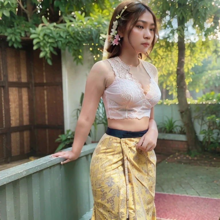 1 girl, solo, seductive look, elegance and charm, (masterpiece, best quality, high resolution:1.2), looking at the viewer, standing. (intricate and beautiful:1.2), (detailed light:1.2), (soft light, side light), (high resolution textures), outdoor, Burmese girl, acmm ls outfit, wearing (lace yellow push up bra) and wearing acmm long skirt, pink acmm long skirt, printed skirt, outdoor background, sun light, attractive, sexy, mature and hot, milf.
