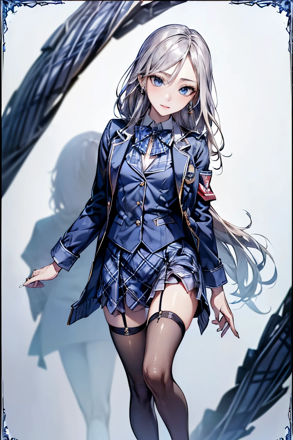 ((Biologically correct number of limbs))、(( Full body photo including face))、4K、((standing position))、masterpiece、((focus on the face))、((Symmetrical facial features))、Eyes with detailed description、Beautiful woman、outstanding style、beautiful clavicle、beautiful legs、beautiful hands、slender body、(small ass、thin thighs)、(stockings、high heels)、Detailed depiction of faces、small earrings、necklace、(Navy blue military jacket、shirt、(plaid skirt))、close up of face、sideways glance、A bow tie、Morning Port、(((white frame photo)))、super low angle、silver hair、blue eyes