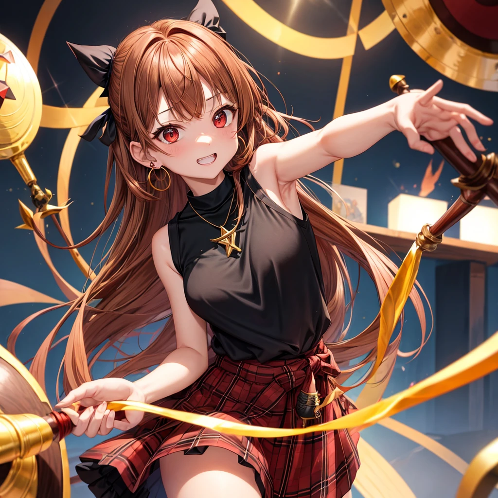 reddish-brown golden hair、red eyes、one good looking girl、solo、anime、plaid mini skirt、black camisole、black t-shirt、dress、wearing a ribbon、ribbon at waist、crystal earrings、jewelry necklace、Light and shadow、tilting one&#39;s face、teeth are visible、pillar、torches、evil looking face、Kuroko、Den-den drum、grassland