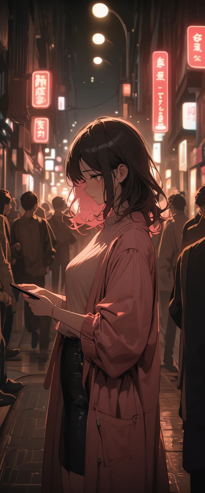 beautiful woman, Street lights at night, Fiddling with smartphones, hot pants, Fragrant pink flowers, passers-by, Night gradient, fine details, subtle tones, There is a sense of tranquility in the picture.