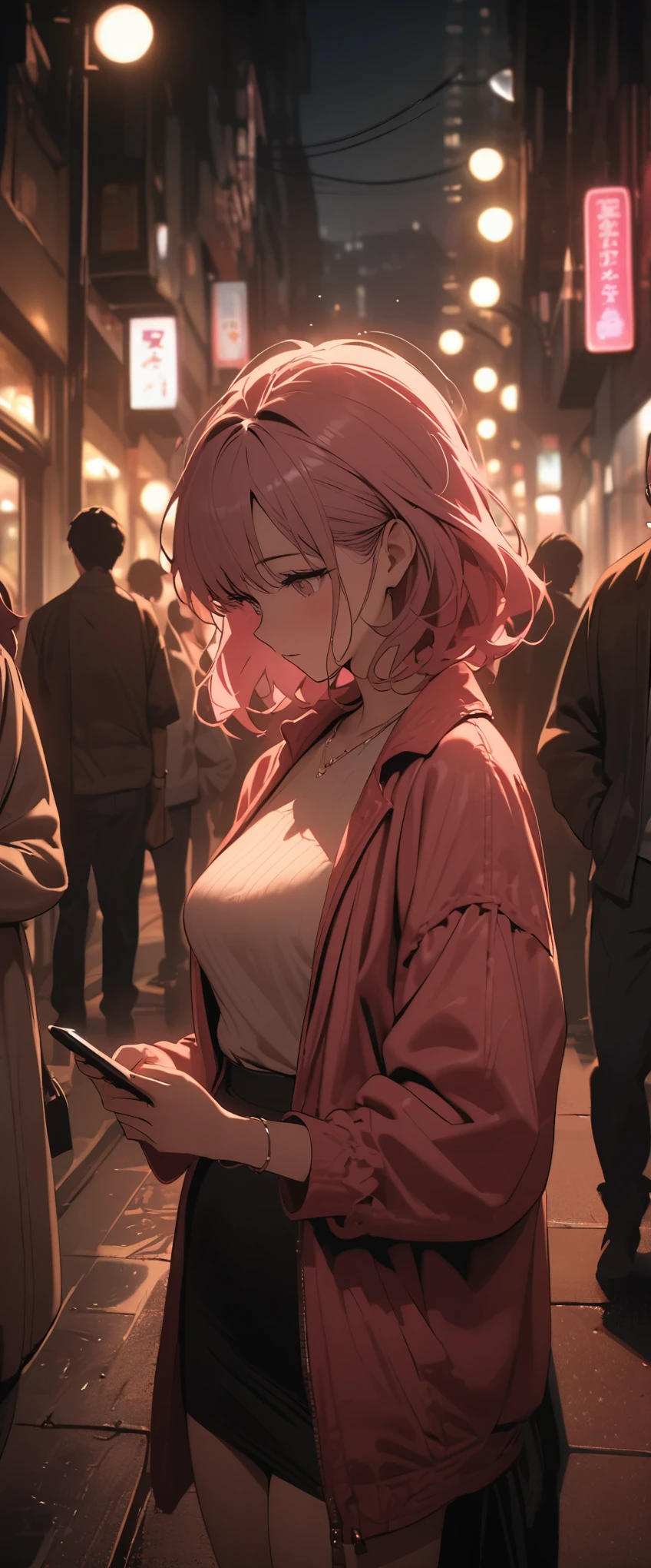 beautiful woman, Street lights at night, Fiddling with smartphones, hot pants, Fragrant pink flowers, passers-by, Night gradient, fine details, subtle tones, There is a sense of tranquility in the picture.