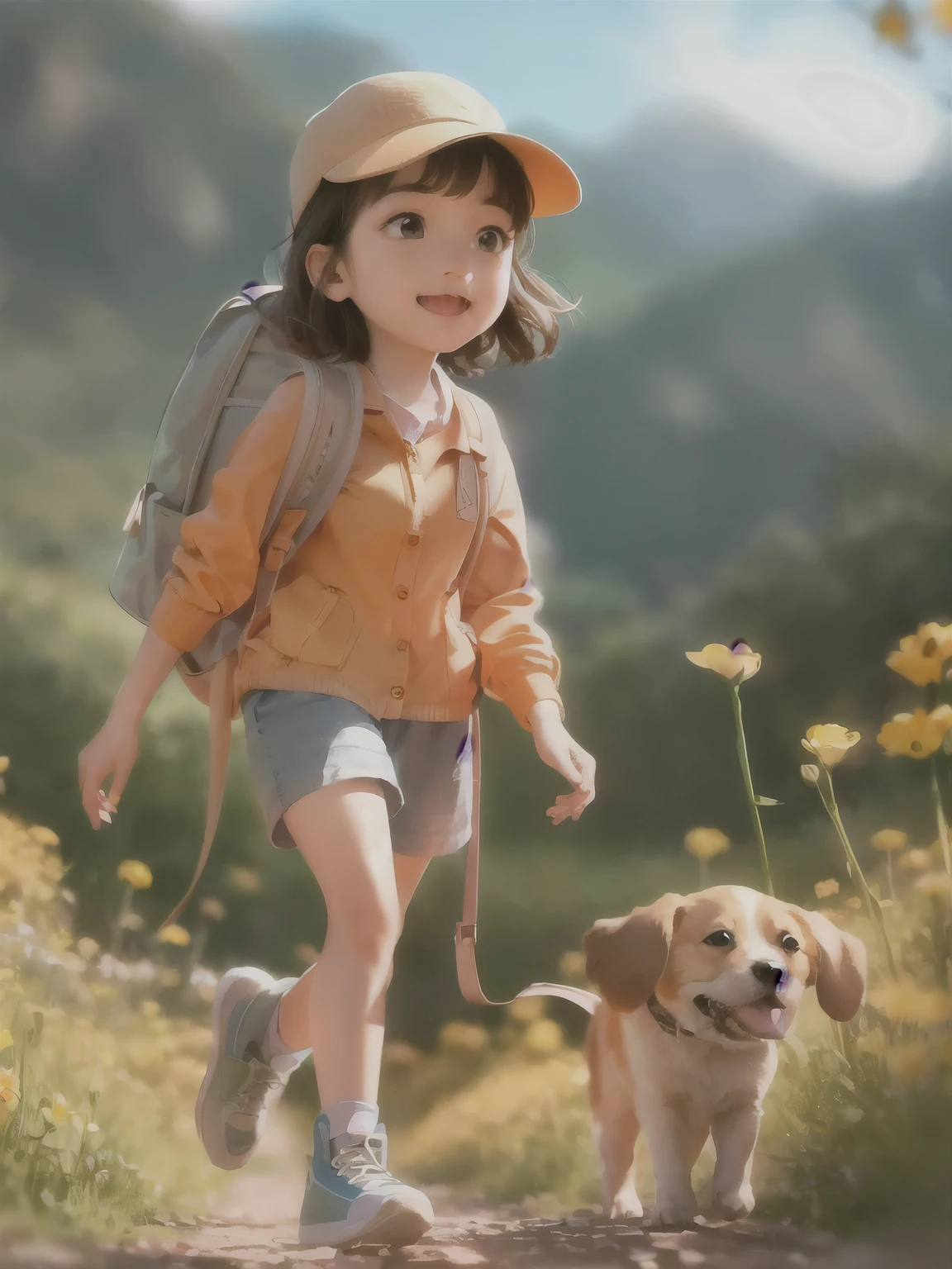 Prompt: An incredibly charming carrying a backpack, accompanied by her adorable puppy, enjoying a lovely spring outing surrounded by beautiful yellow flowers and natural scenery. The illustration is in high definition at 4k resolution, with highly-detailed facial features and cartoon-style visuals.