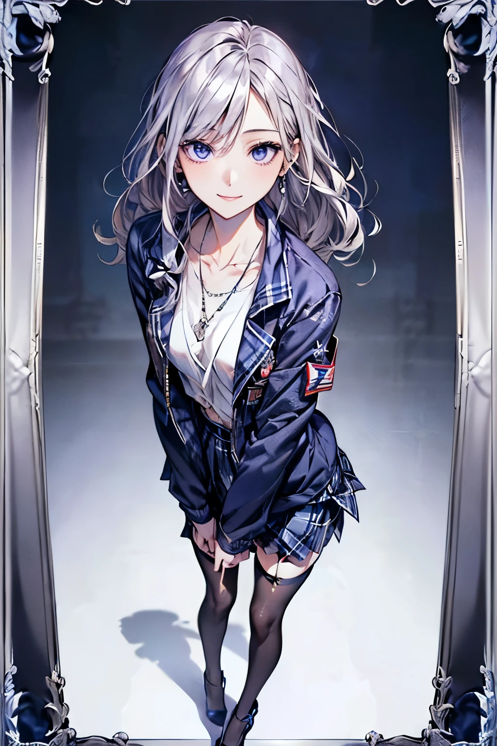 ((Biologically correct number of limbs))、(( Full body photo including face))、4K、((standing position))、masterpiece、((focus on the face))、((Symmetrical facial features))、Eyes with detailed description、Beautiful woman、outstanding style、beautiful clavicle、beautiful legs、beautiful hands、(small ass、thin thighs）、(stockings、high heels）、Detailed depiction of faces、small earrings、necklace、(Navy blue military jacket、shirt、(plaid skirt))、close up of face、Morning Port、(((white frame photo)))、smile、silver hair、purple eyes