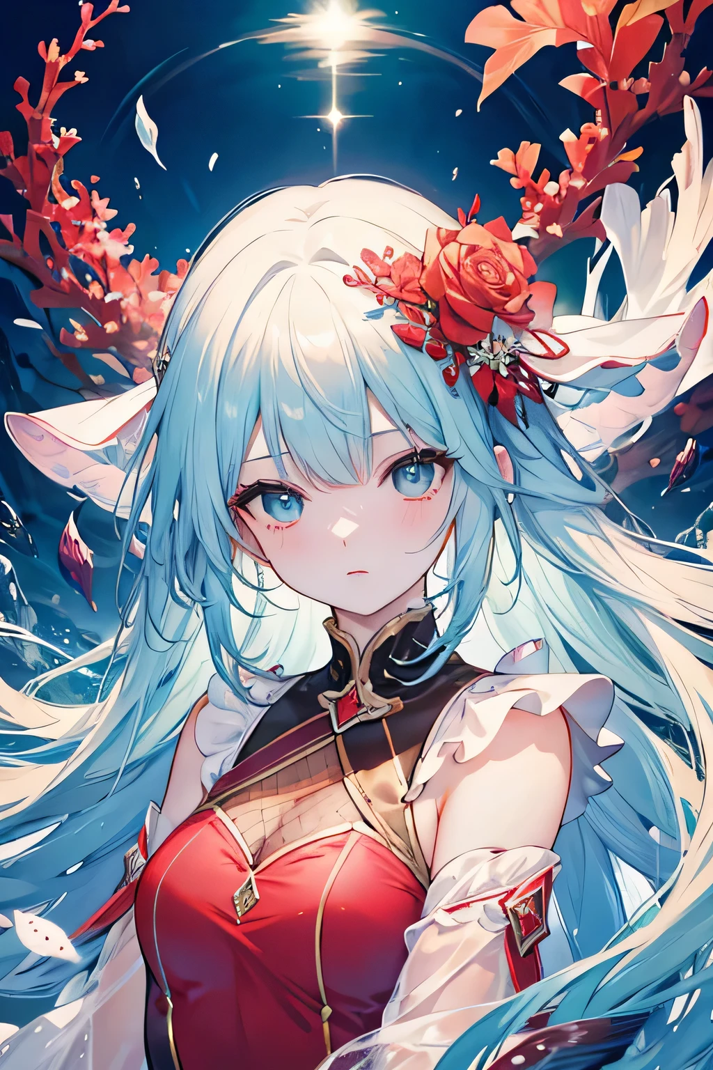(master piece:1.3,best image quality,16k wallpaper,highest quality),(seabed、sea life、beautiful coral reef、fish),beautiful girl,particles of light,bright background,Round composition with big aqua blue eyes,Exquisite Eyeessy painting style,confused look,hair flowing in water,facing the viewer,Upper body,fancy clothes,exquisite features,red lips,