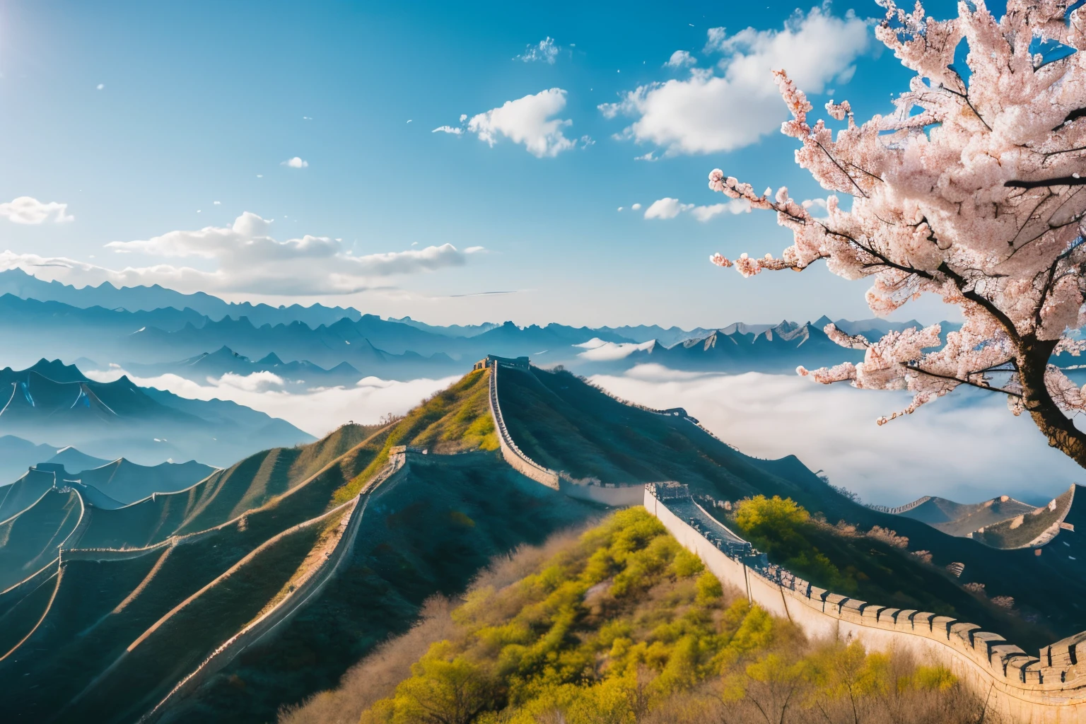 Landscape photography, Jinshanling Great Wall, China, mountains full of apricot blossoms in spring, blue sky and white clouds, wide angle view, China geography, HD quality,