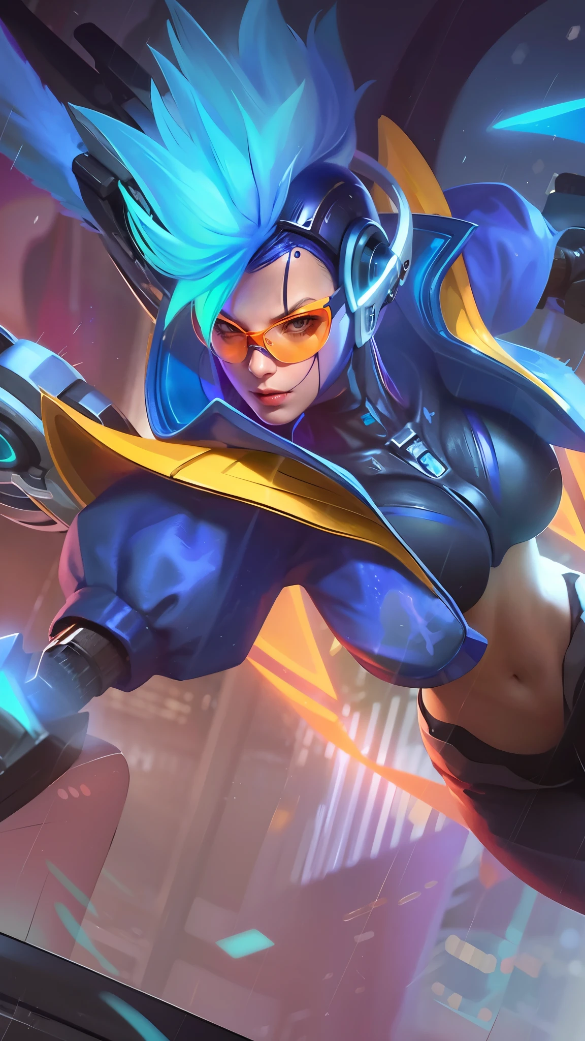 woman blue outfit with a helmet and wearing transparent orange glasses, 8k, ultra hd, ultra detailed texture, hyper realistic, masterpiece, detailed texture, detailed face, detailed skin, detailed lighting, (photorealistic:1.5), best quality, beautiful lighting, cinematic lighting, professional lighting, ultra highres, realistic, detailed hair, real hair, high quality, (realskin:1.5), extremely detailed, finely detail, ultra-detailed, blue hair