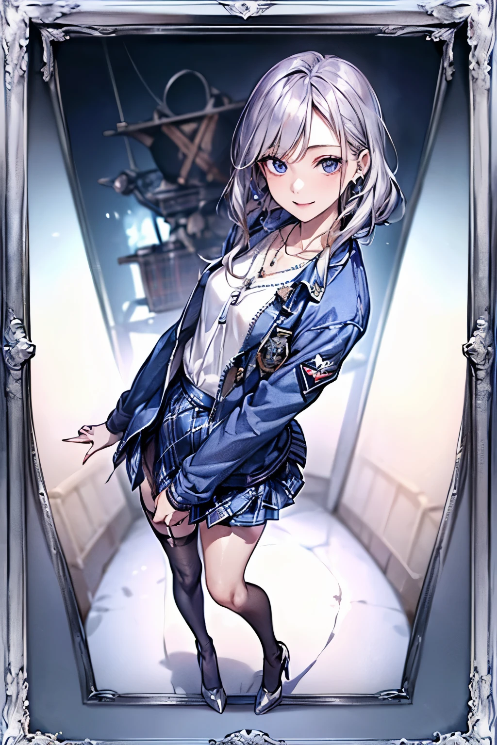 ((Biologically correct number of limbs))、(( Full body photo including face))、4K、((standing position))、masterpiece、((focus on the face))、((Symmetrical facial features))、Eyes with detailed description、Beautiful woman、outstanding style、beautiful clavicle、beautiful legs、beautiful hands、(small ass、thin thighs）、(stockings、high heels）、Detailed depiction of faces、small earrings、necklace、(Navy blue military jacket、shirt、(plaid skirt))、close up of face、Morning Port、(((white frame photo)))、smile、silver hair、purple eyes