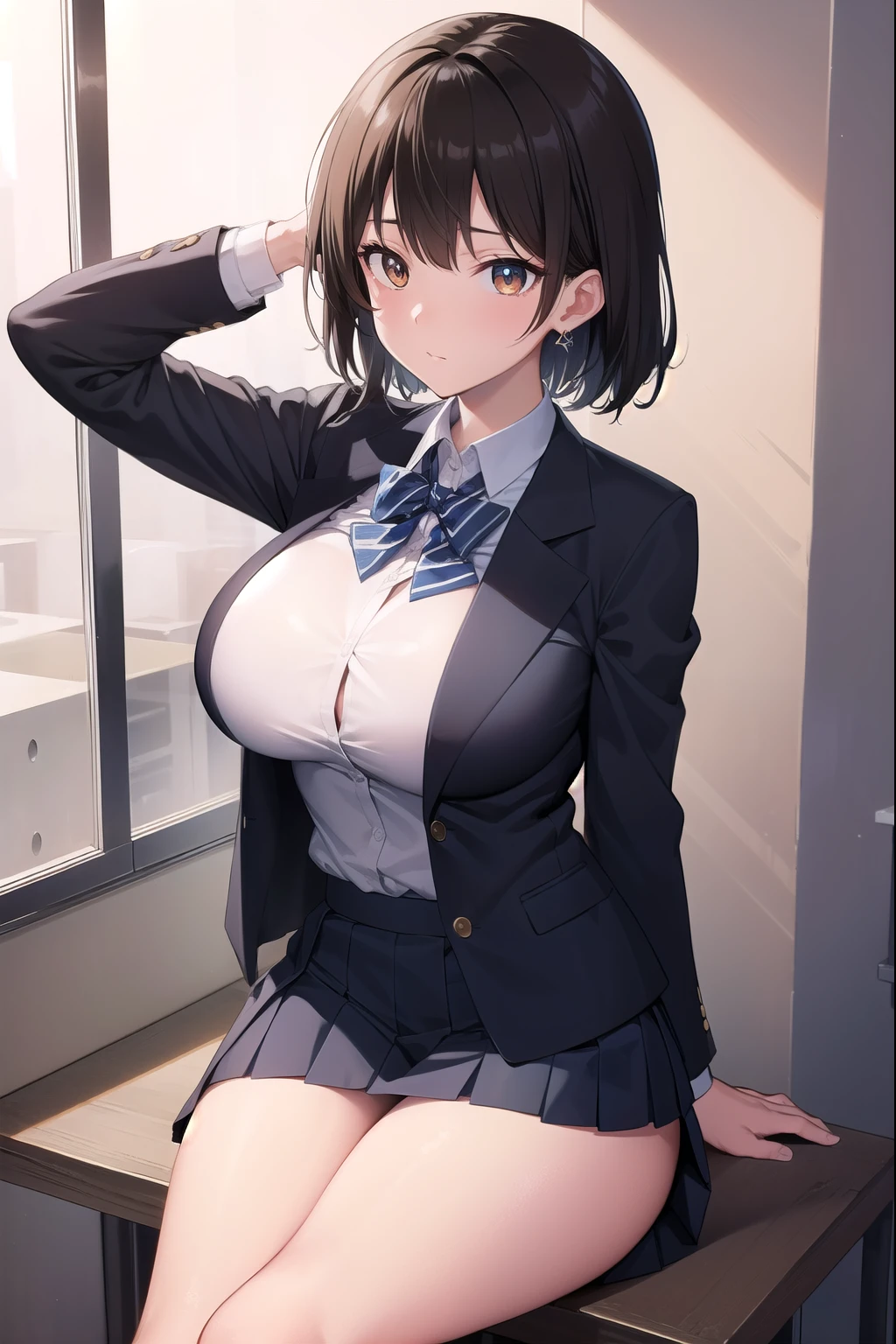 black hair, (brown eyes:1.5), (shot hair:1.6), (turning around:1.6), (crossed leg:1.4), (sit:1.6)
BREAK blazer, blue skirt, jacket, otonokizaka , pleated skirt, , winter uniform, (short skirt:1.6), (micro skirt:1.6), (big breasts:1.6), (slender:1.4), (thong:1.6),
BREAK looking at viewer,
BREAK indoors, classroom,
BREAK (masterpiece:1.2), best quality, high resolution, unity 8k wallpaper, (illustration:0.8), (beautiful detailed eyes:1.6), extremely detailed face, perfect lighting, extremely detailed CG, (perfect hands, perfect anatomy),