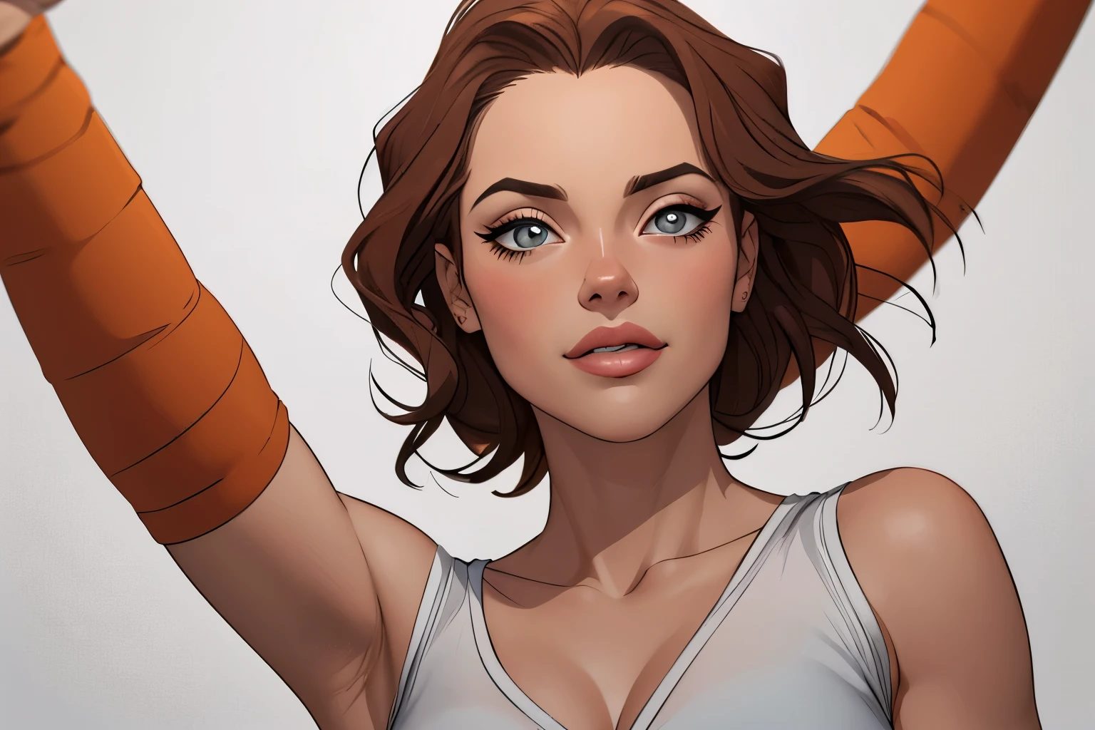 Character style illustration style Completely bare breasts showing a little fear Breast size Cartoon name: Isabella Cruz white background medium breasts freckled face Hermione Granger actress strong contours Physical description - long straight hair, tingidos de um marrom vibrante que contrasta com sua pele clara. - You reflect a mix of curiosity and determination. - Ela tem uma estatura alta, with a slender and agile figure, evidenciando sua agilidade e destreza. -fundo colorido Design de personagens de retrato, beautiful digital illustration, retrato de alta qualidade, Arte em quadrinhos, Corpo inteiro sensualizando ou pelada. folha de retorno. return sheet member of the day outfits hell day expression love wearing Gryffindor outfits
