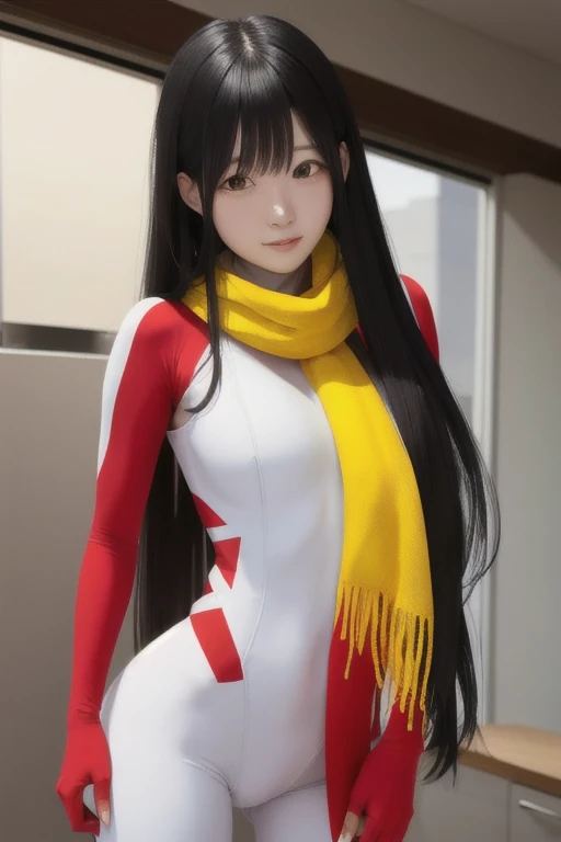 white and red tight rider suit, yellow scarf, black hair, glossy hair, long hair, beautiful woman,