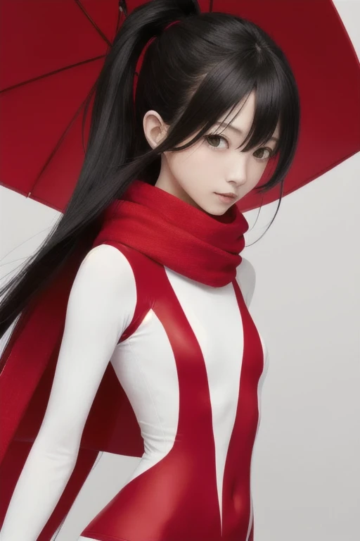 white and red tight rider suit, yellow scarf, black hair, glossy hair, long hair, beautiful woman, 