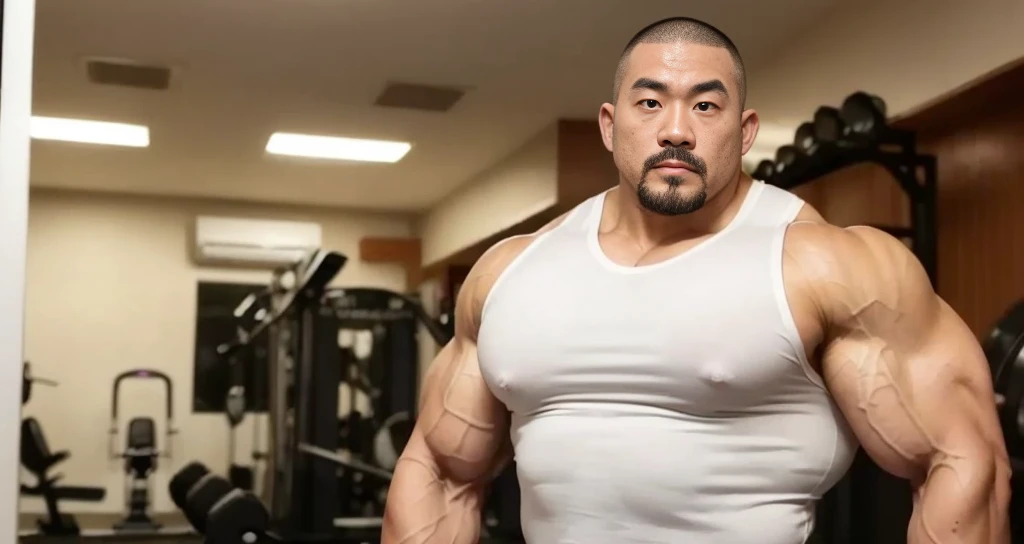 (bodybuilder:1.4), (at gym:1.4), 40's, (Japanese face:1.4), (Korean face:1.4), (Chinese face:1.4), (Taiwanese face:1.4), manly face, fat face, (round face:1.4), (monolid eyes:1.2), (buzz cut:1.5), very large and strong body, bulky body, beefy muscles, (bulging muscles:1.4), (very large pectoral muscles:1.4), (muscular arms:1.4), muscular abs, muscular legs, muscular back, bright oily skin, (realistic:1.2), distant view
